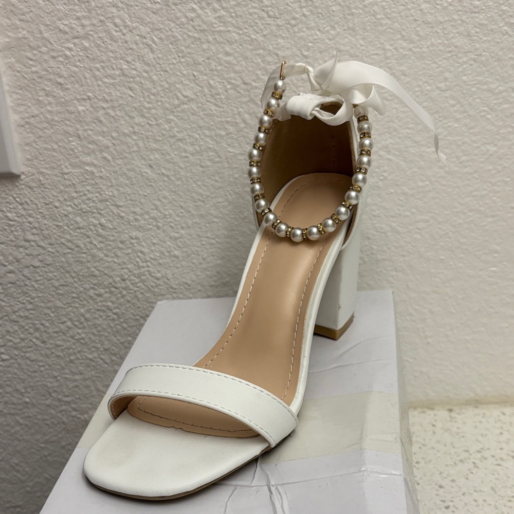 White Pearl-Ankle Strap Block Heel Sandals